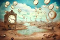Transience of time. Background Surrealism in the style of Rene Magritte. Atmosphere of mysterious escapism, escape from