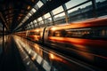 Transient rush Motion blur frames high speed trains passage through bustling station