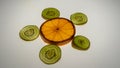 Transillumination of an orange slice surrounded by kiwi slices Royalty Free Stock Photo