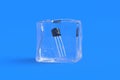 Transistor in ice cube. Electronic component Royalty Free Stock Photo