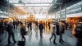 Transit Hub Activity People in Motion Blur at Busy Train Station. Generative AI