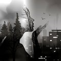 The transition from the forest to the city with the silhouette of a girl. Capture the city of wildlife. Ink effect. Double