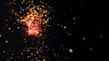 Transition of hot explosive particles. Abstract animation of flying particles from one source. Glowing glare in focus on