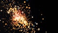 Transition of hot explosive particles. Abstract animation of flying particles from one source. Glowing glare in focus on