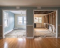transition of the before and after of a house interior renovation.