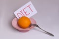 Transition to proper nutrition Word diet on a white background with an orange in a plate