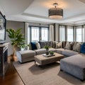 11 A transitional-style family room with a sectional sofa, a mix of patterned and solid fabrics, and a statement coffee table4,