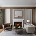 11 A transitional-style living room with a mix of wooden and neutral finishes, a classic fireplace mantel, and a mix of patterne Royalty Free Stock Photo