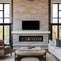 11 A transitional-style living room with a mix of wooden and neutral finishes, a classic fireplace mantel, and a mix of patterne Royalty Free Stock Photo