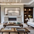 11 A transitional-style living room with a mix of wooden and neutral finishes, a classic fireplace mantel, and a mix of patterne Royalty Free Stock Photo