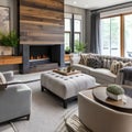 11 A transitional-style living room with a mix of wooden and neutral finishes, a classic fireplace mantel, and a mix of patterne Royalty Free Stock Photo