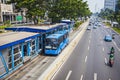 Transjakarta bus, main public transport in Jakarta City in Sudirman Street, Central Business District of Jakarta, Indonesia.