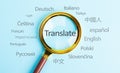 Translate text, International language translation search concept with magnifying glass. Concept of online translation