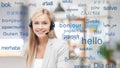 Woman in headset over words in foreign languages Royalty Free Stock Photo