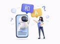 Translation concept. Online translator. AI chat bot help translator. Modern 3D cartoon style. Vector illustration. 3D