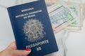 Translation: Mercosur, Federative Republic of Brazil, Passport and Uruguayan pesos, pandemic travel concept