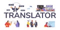 Translation service vector set with title translator, interpreting conversation, online translation using technologies Royalty Free Stock Photo