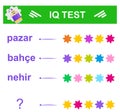 Translation of Turkish words into English: river, garden, market. IQ Test. What word should be instead of a question mark?