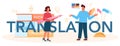 Translation typographic header. Linguist translating document, books Royalty Free Stock Photo