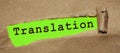 Translation word written under torn paper. Multicultural business concept