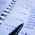 Translations of calculus systems on a notebook and black pen. creation of computer programs. work of the programmer and system Royalty Free Stock Photo