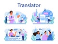 Translator concept set. Linguist translating document, books Royalty Free Stock Photo