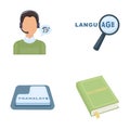 A translator in headphones, a magnifying glass showing translation, a button with an inscription, a book with a bookmark