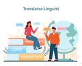 Translator and translation service concept. Linguist translating document, Royalty Free Stock Photo