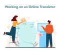 Translator and translation service concept. Linguist translating document, Royalty Free Stock Photo
