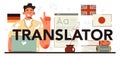 Translator typographic header. Linguist translating document, books Royalty Free Stock Photo
