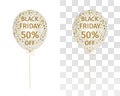 Translucent balloon with gold spangles with the inscription Black Friday 50 percent off