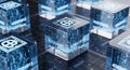 A close up of translucent blockchain cubes with digital data on a circuit board background Royalty Free Stock Photo