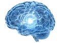 Glowing blue brain with neural network connections and bright center light isolated on white background Royalty Free Stock Photo