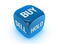 Translucent blue dice with buy, sell, hold sign Royalty Free Stock Photo