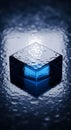 Translucent blue glass cube with textured surface, resting on a reflective, ripple- Royalty Free Stock Photo