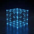 A translucent blue wireframe cube is suspended against a dark background. The cube Royalty Free Stock Photo