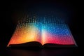 Translucent book on a dark background, gradient transition of the color spectrum, pointillism