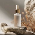 Translucent bottle skin care serum dropper mouth stone stage background below