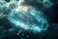 Translucent cloud rendered with intricate, interconnected circuit board patterns. Light pulses through the circuitry