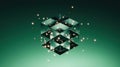 Abstract Cube Floating With Small Glowing Orbs on a Green Background Royalty Free Stock Photo