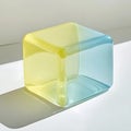 Translucent Cube Object Casting Shadow on White Surface, Modern Design and Abstract Art, Transparent Geometric Shape with Yellow Royalty Free Stock Photo