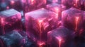 Colorful translucent cubes illuminated by purple and pink light in an abstract digital landscape. Generative AI