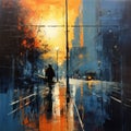 Translucent Expressionism: Man Walking In Rainy Street Art Painting