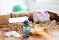 Translucent Fluorite crystal standing point gemstone in home bed room on natural wood tray.