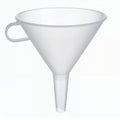 Translucent funnel with handle for liquid transfer and measurement on white background Royalty Free Stock Photo