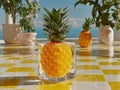Translucent geometric pineapple cube, vibrant yellow, minimal shadows, sci-fi kitchen backdrop, tropical setting, patio elements Royalty Free Stock Photo