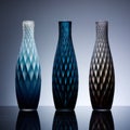 Translucent Geometries: Intricately Textured Blue Vases On Black Surface