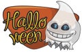 Smiling Ghost Floating over Sign for Halloween Celebration, Vector Illustration