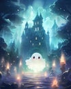 A translucent ghost in front of a castle, manga style