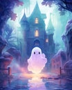 A translucent ghost in front of a castle, manga style